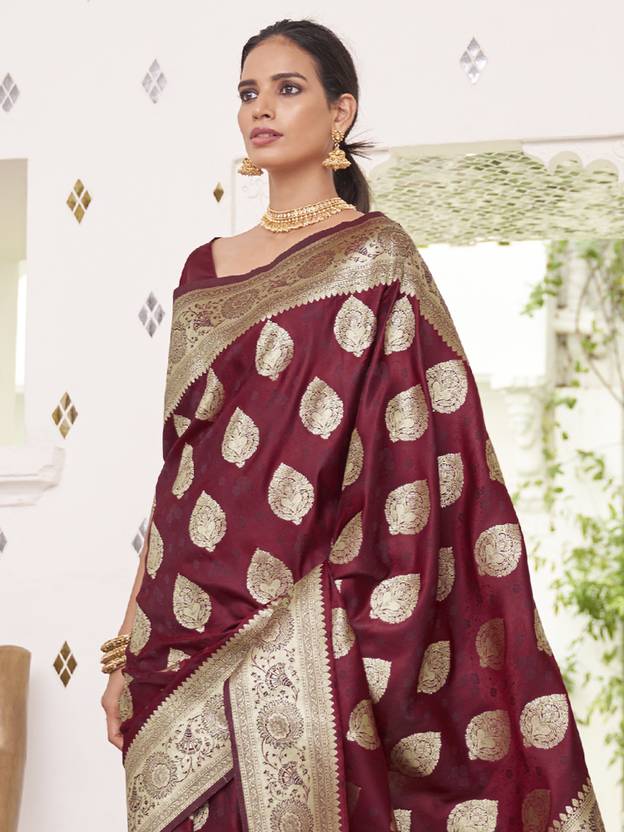Maroon Elegant Banarasi Satin Saree with Unstitched Blouse Piece