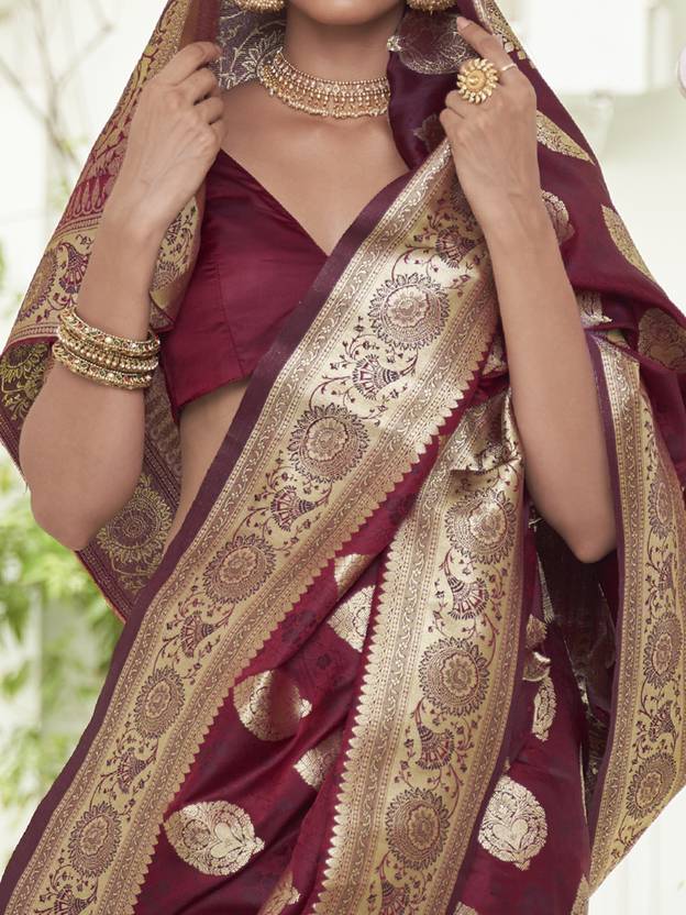 Maroon Elegant Banarasi Satin Saree with Unstitched Blouse Piece