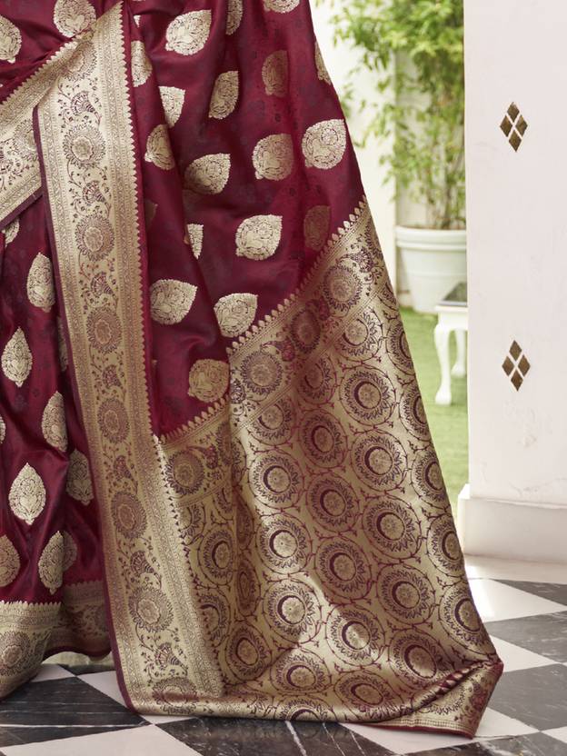 Maroon Elegant Banarasi Satin Saree with Unstitched Blouse Piece
