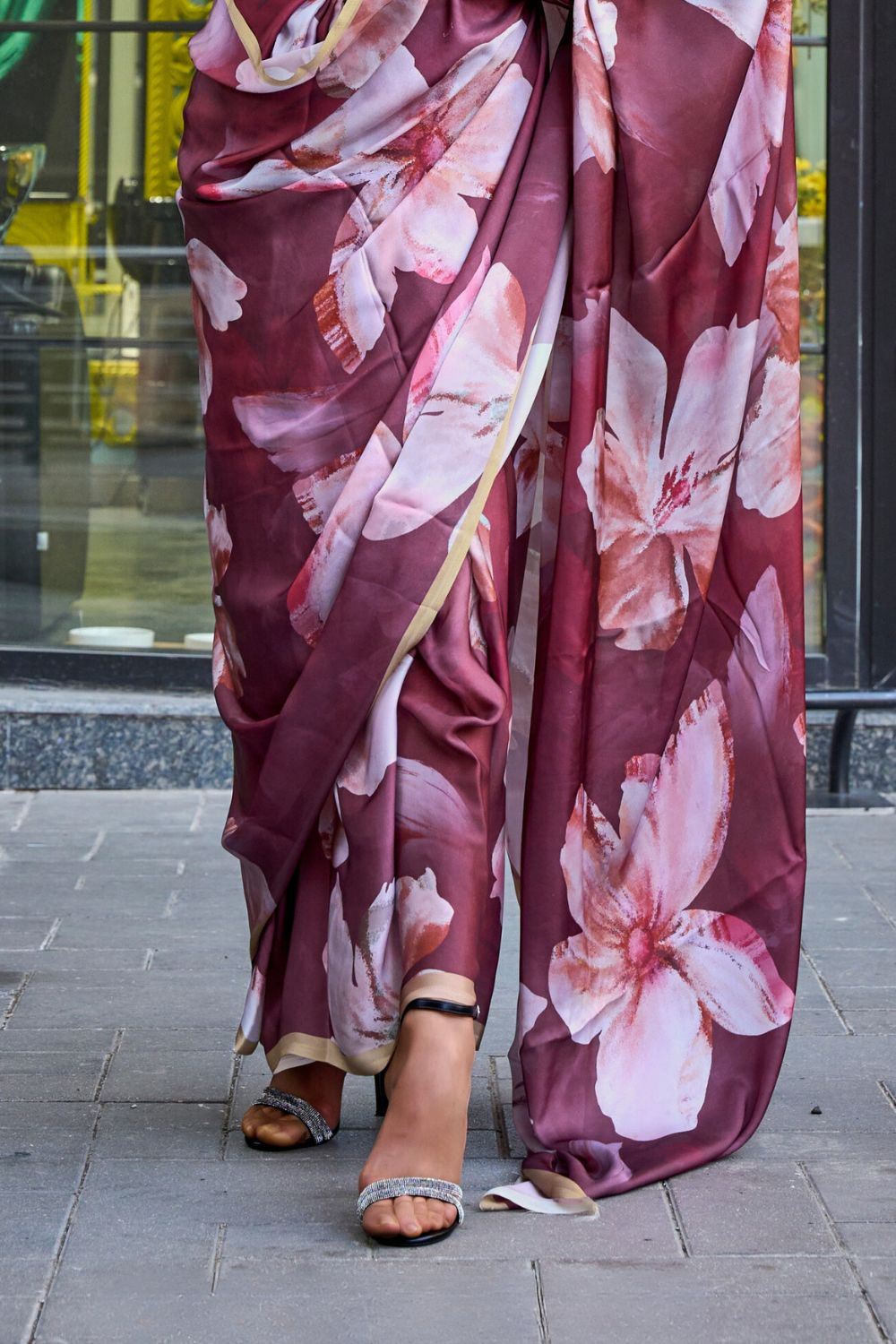 Maroon Elegant Bollywood Satin Printed Saree – Party & Festive Wear