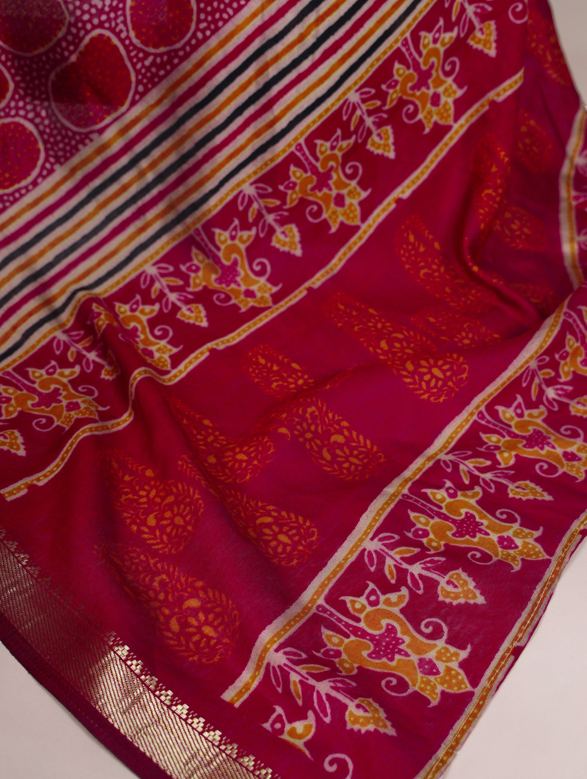 Maroon Elegant Chanderi Printed Saree with Temple Border & Matching Blouse