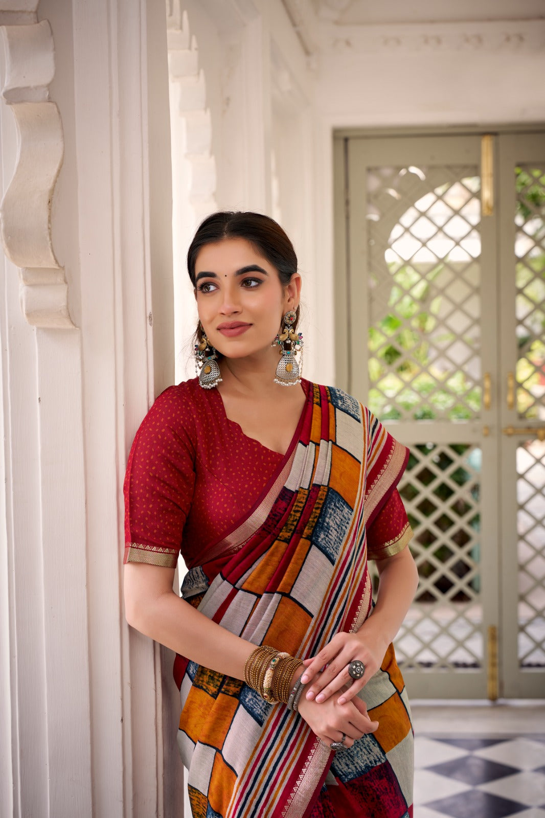 Maroon Elegant Chanderi Printed Saree with Temple Border & Matching Blouse