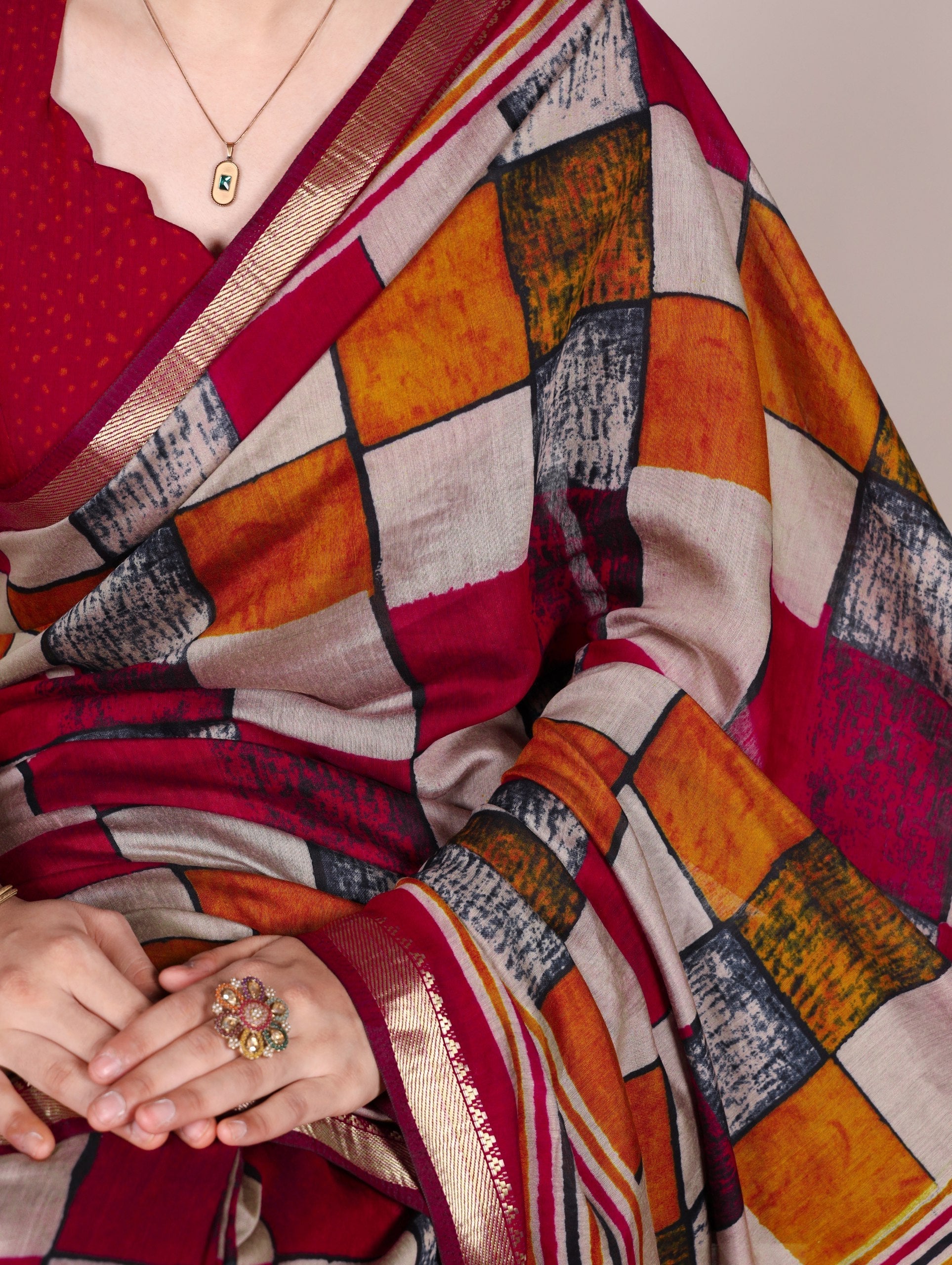 Maroon Elegant Chanderi Printed Saree with Temple Border & Matching Blouse