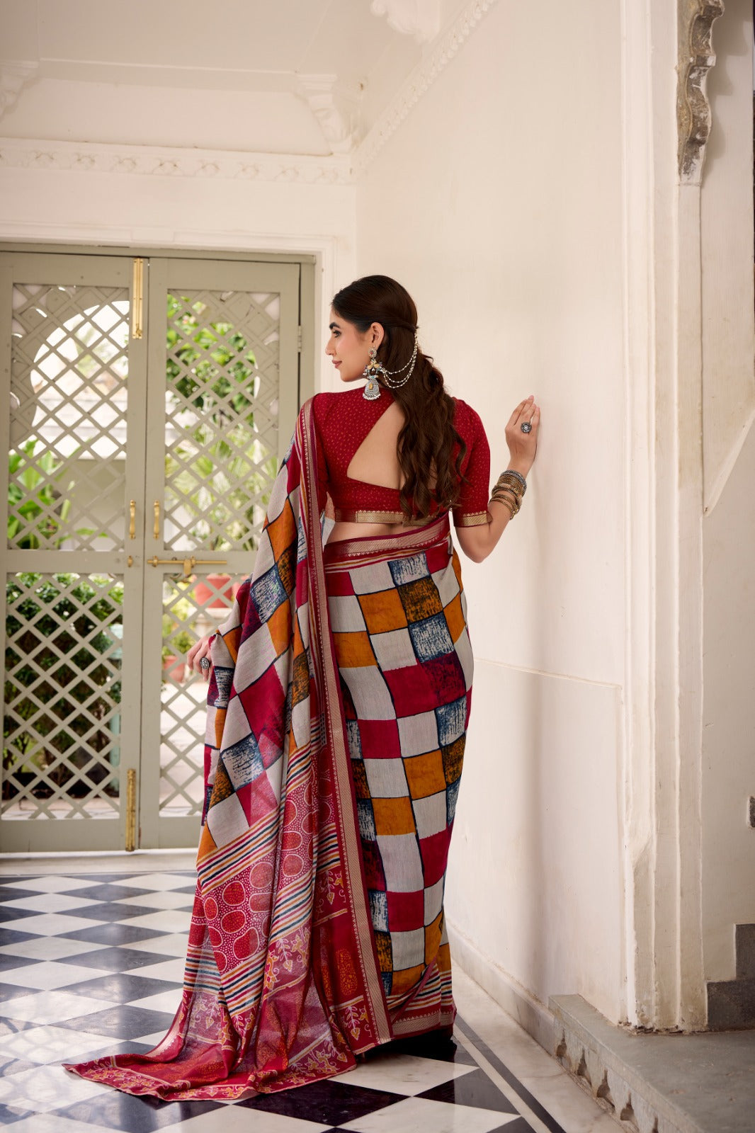 Maroon Elegant Chanderi Printed Saree with Temple Border & Matching Blouse