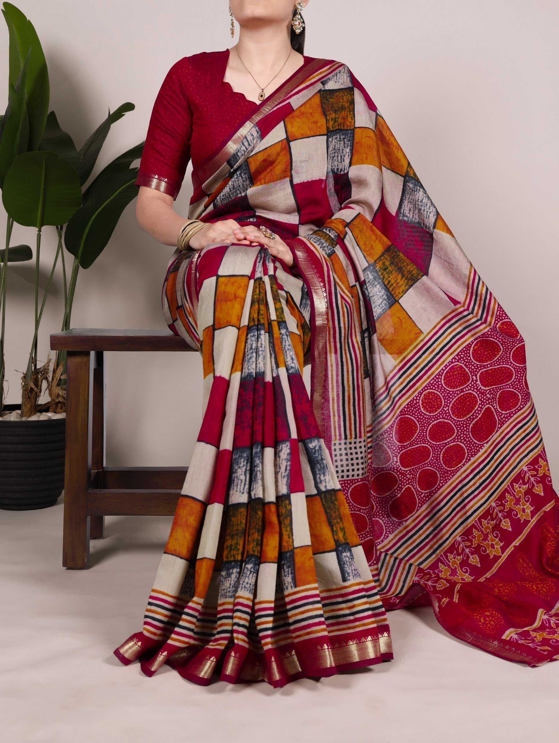 Maroon Elegant Chanderi Printed Saree with Temple Border & Matching Blouse