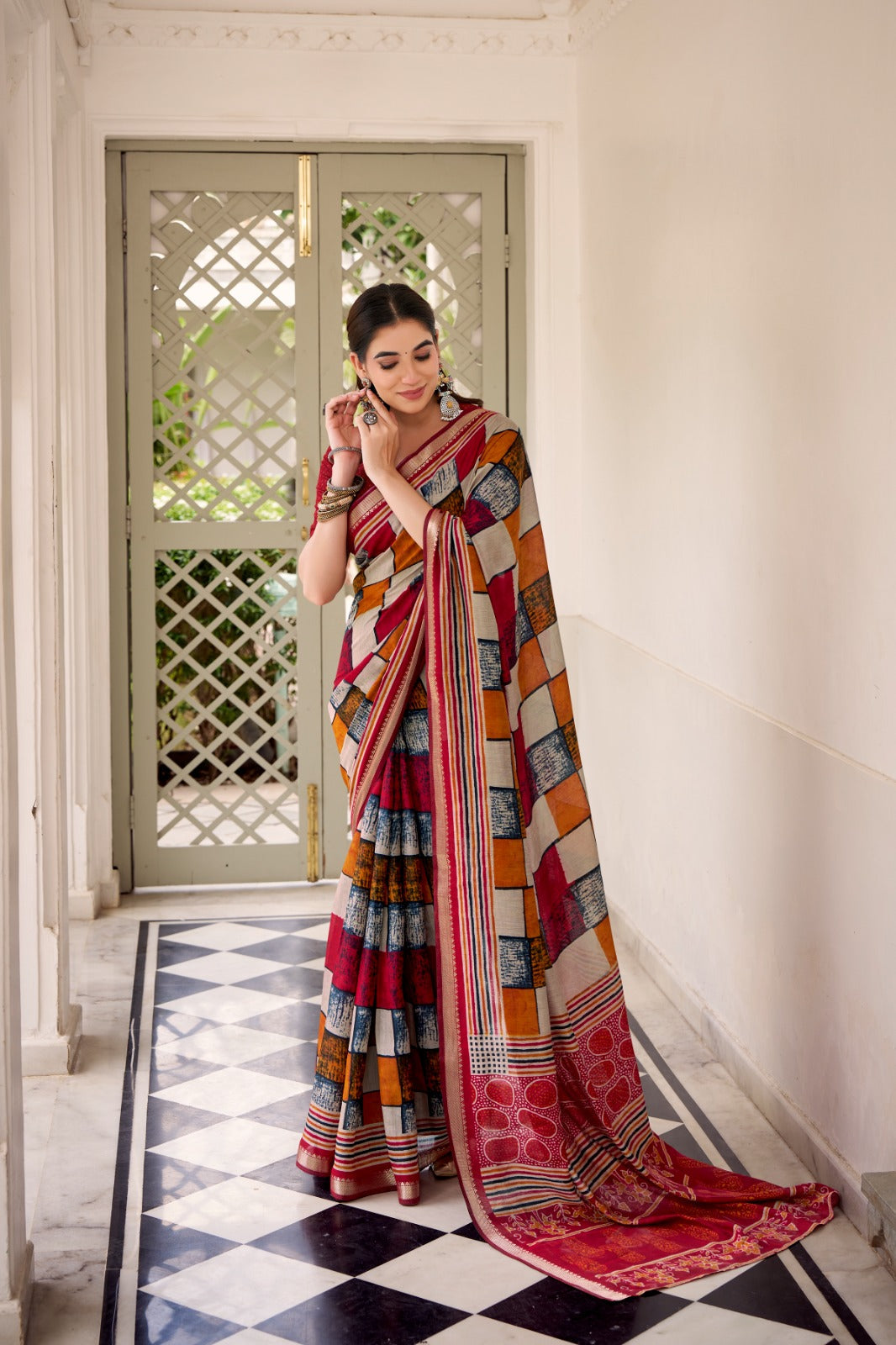 Maroon Elegant Chanderi Printed Saree with Temple Border & Matching Blouse