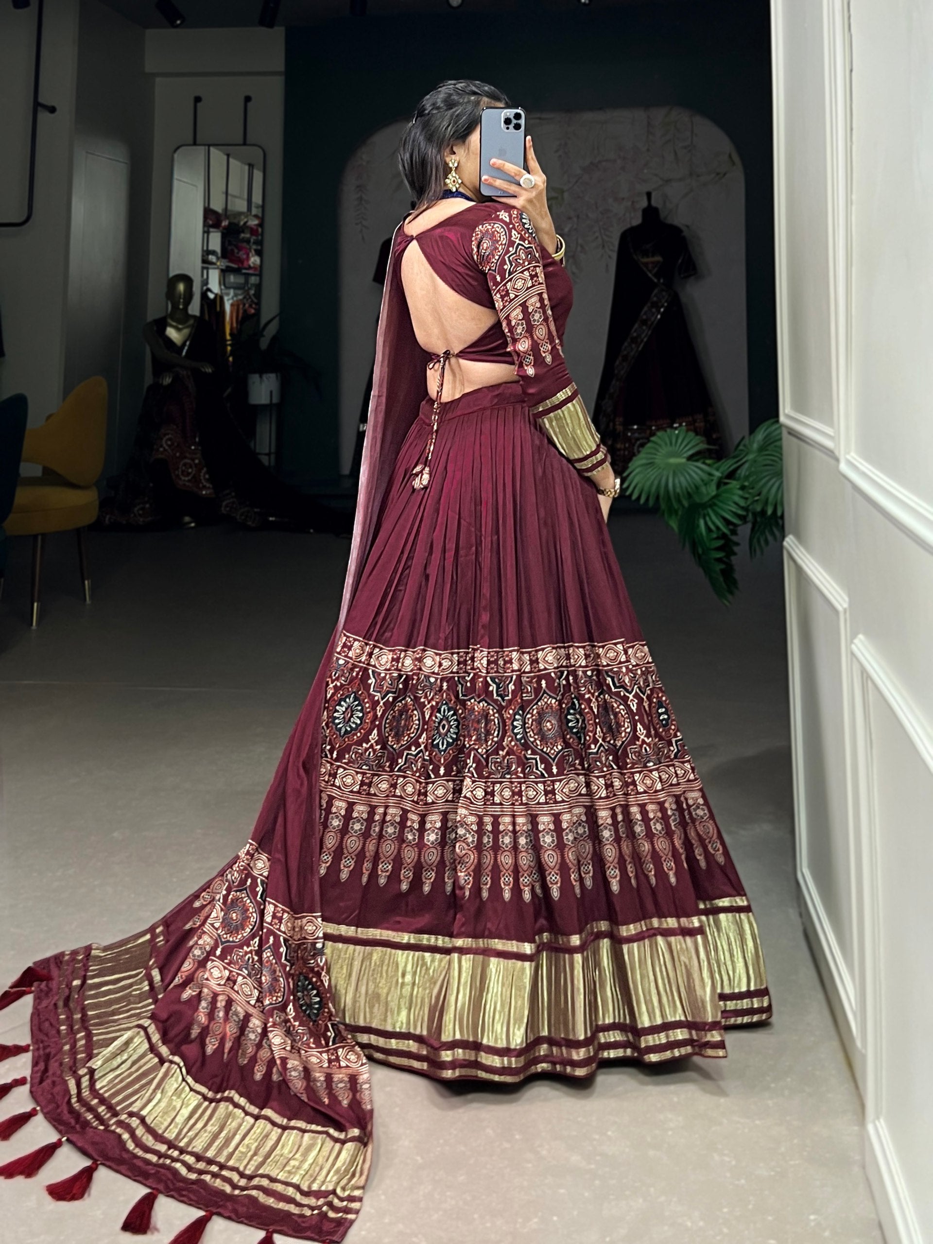 Maroon Elegant Gaji Silk Lehenga Set with Digital Print and Tassels – Perfect for Every Occasion