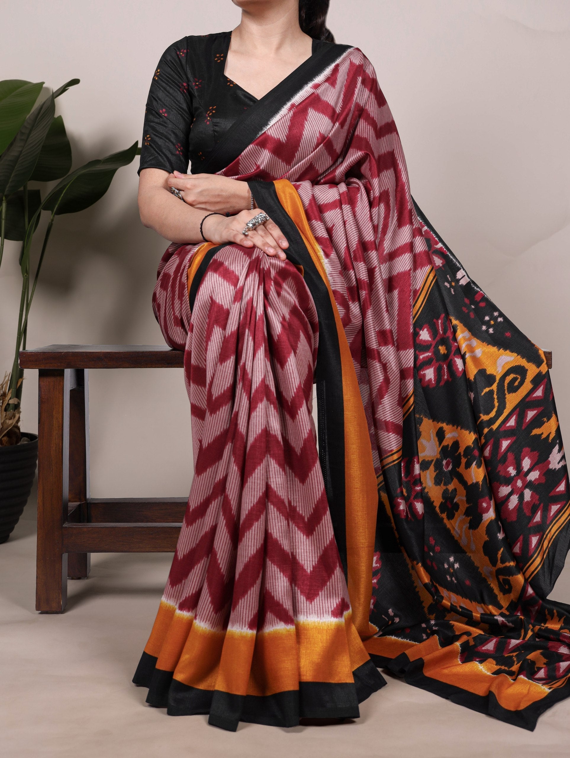 Maroon Elegant Printed Tasar Silk Saree with Matching Unstitched Blouse