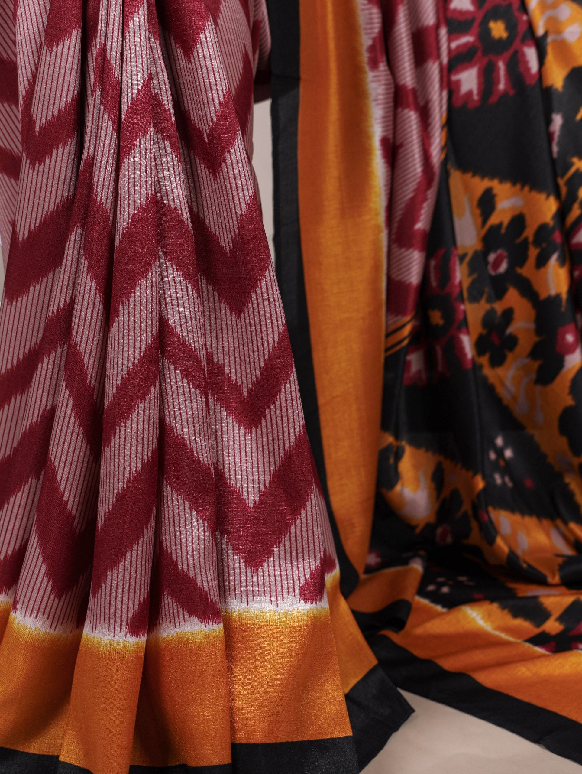 Maroon Elegant Printed Tasar Silk Saree with Matching Unstitched Blouse