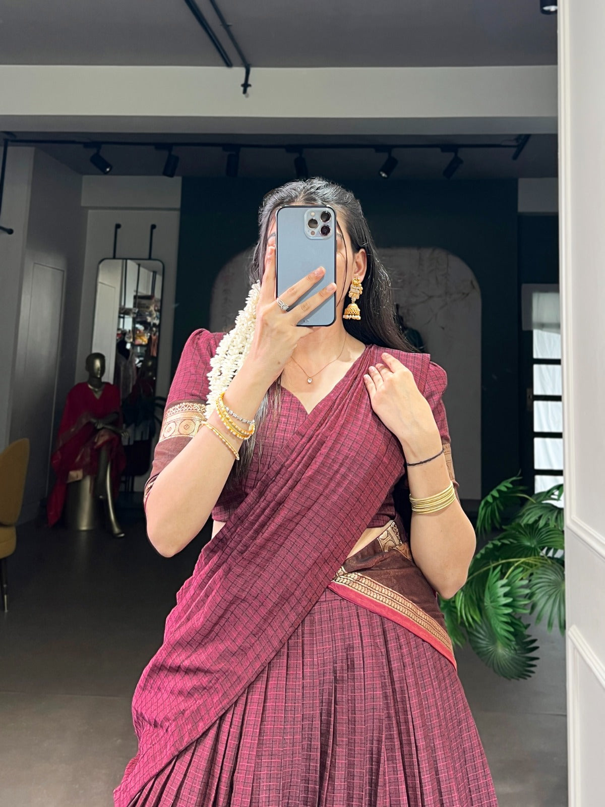 Maroon Elegant Stitched Chettinad Cotton Lehenga with Checks & Zari Weaving – Traditional Festive Wear Set