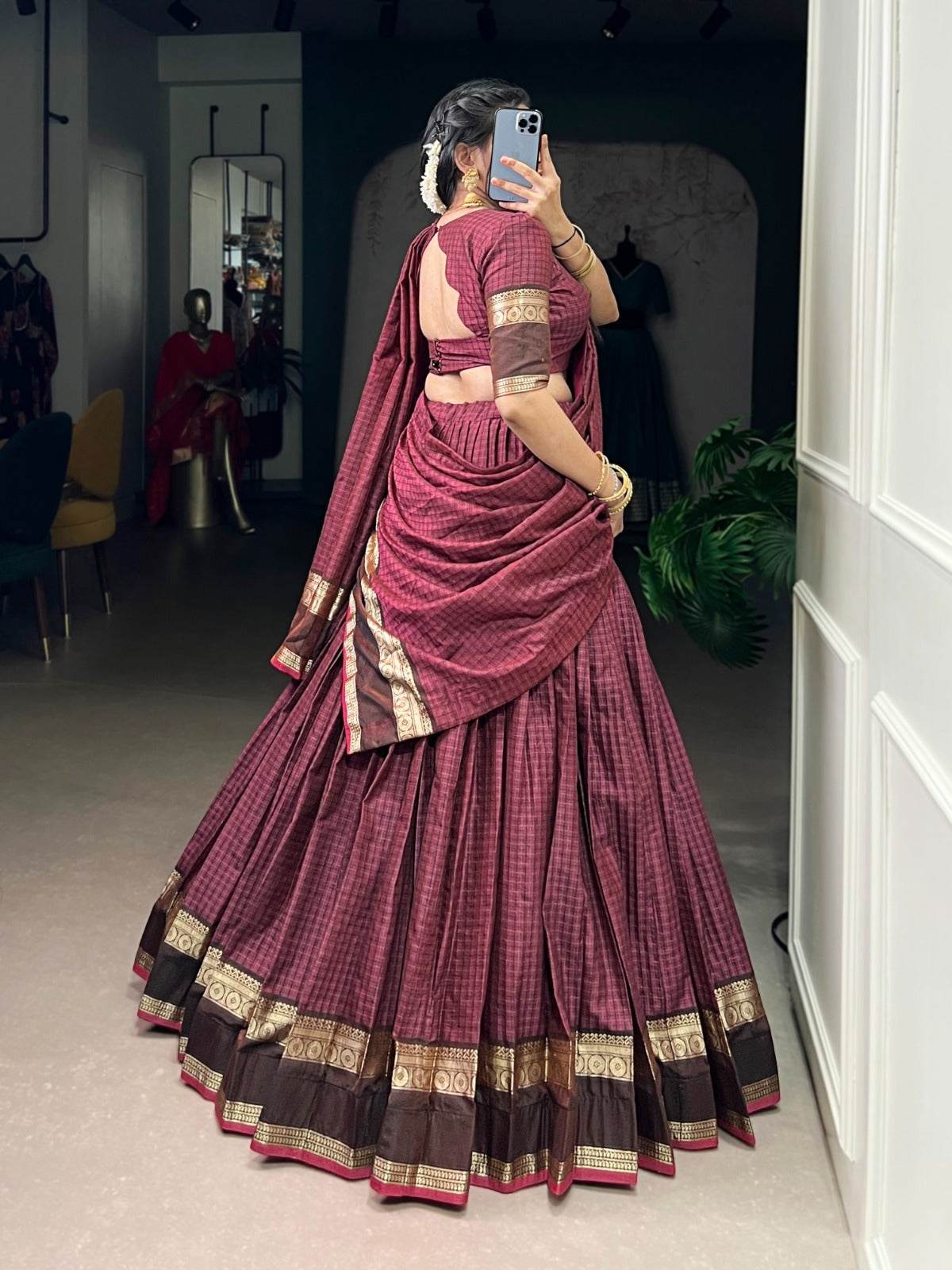 Maroon Elegant Stitched Chettinad Cotton Lehenga with Checks & Zari Weaving – Traditional Festive Wear Set