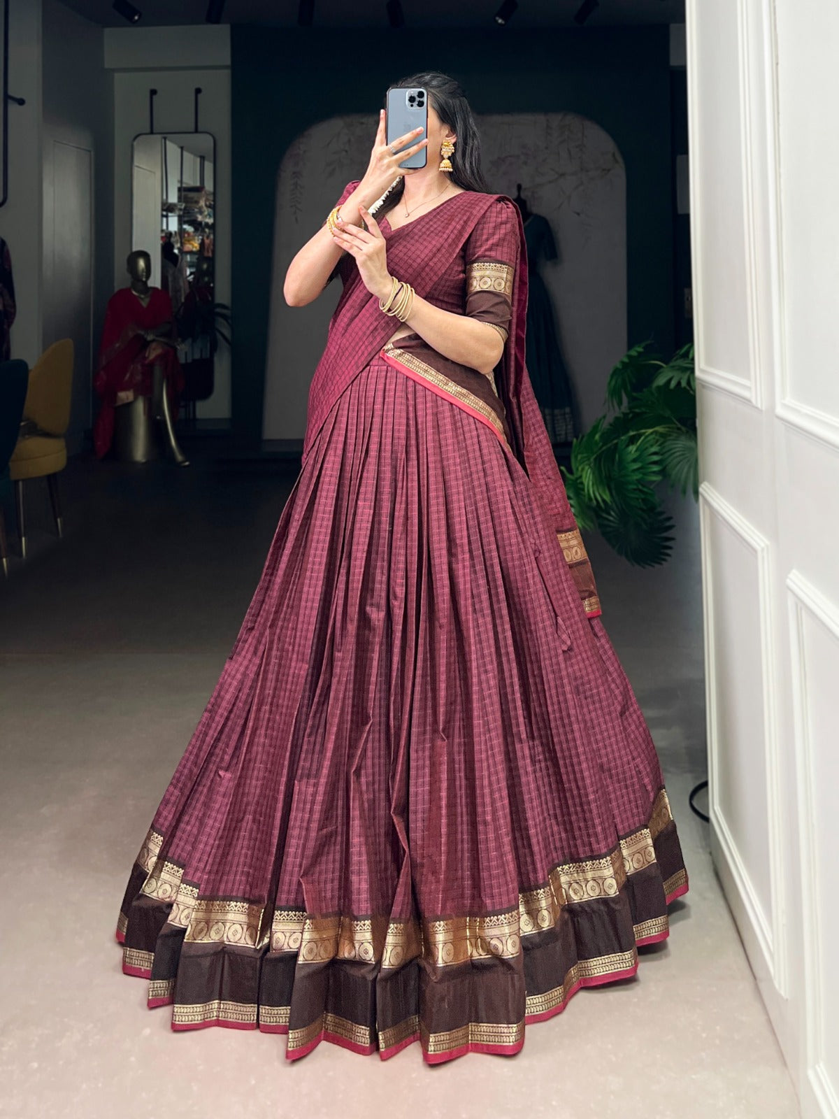 Maroon Elegant Stitched Chettinad Cotton Lehenga with Checks & Zari Weaving – Traditional Festive Wear Set