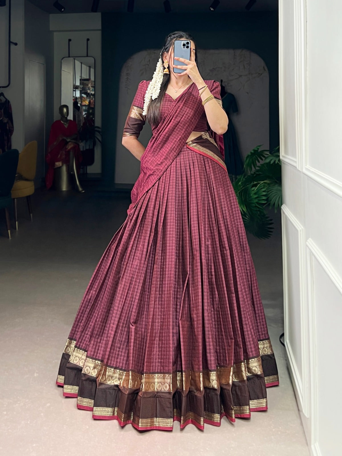 Maroon Elegant Stitched Chettinad Cotton Lehenga with Checks & Zari Weaving – Traditional Festive Wear Set