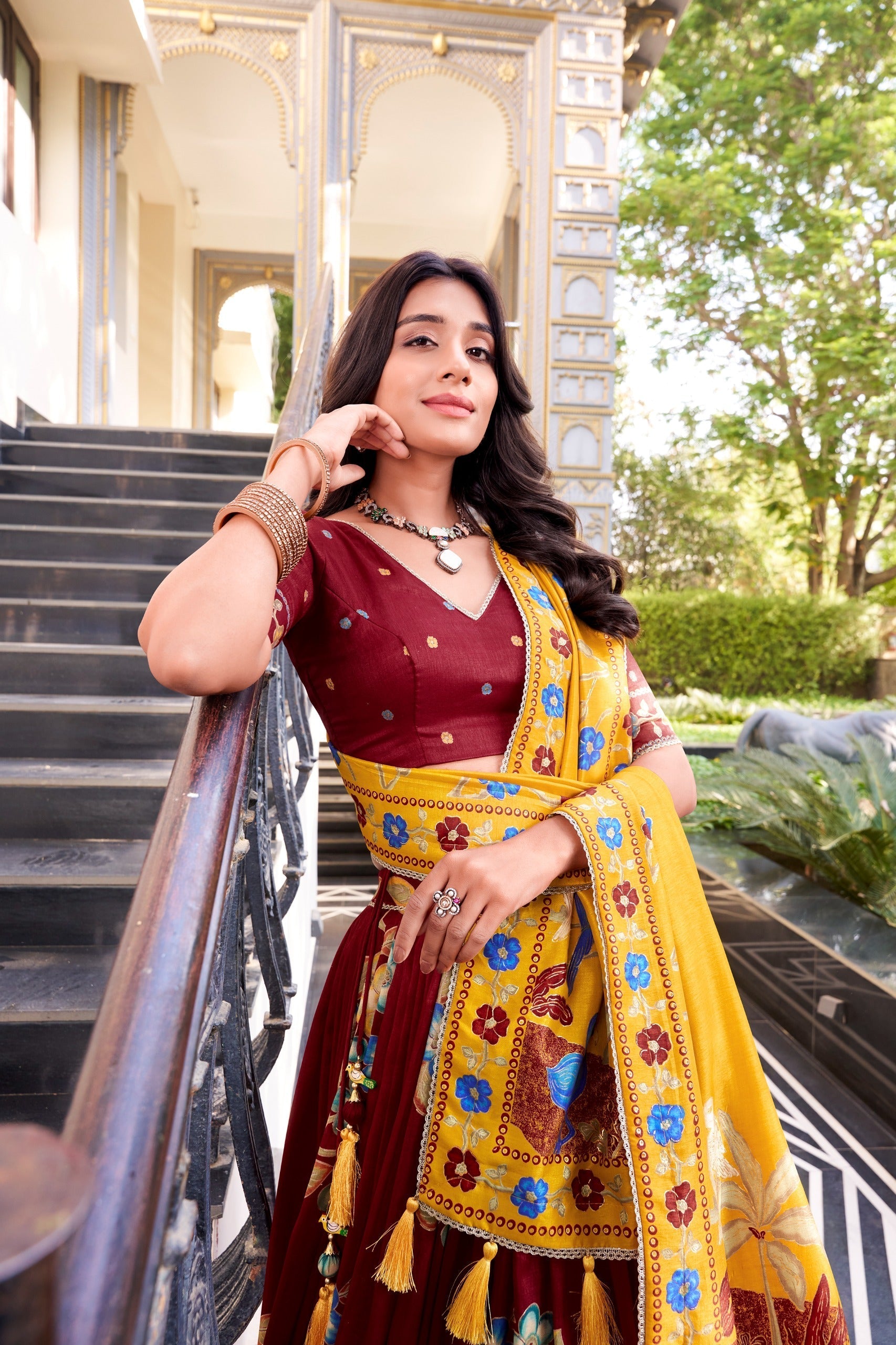 Maroon Elegant Tussar Silk Printed Lehenga Set with Foil Work & Gotta Patti Dupatta