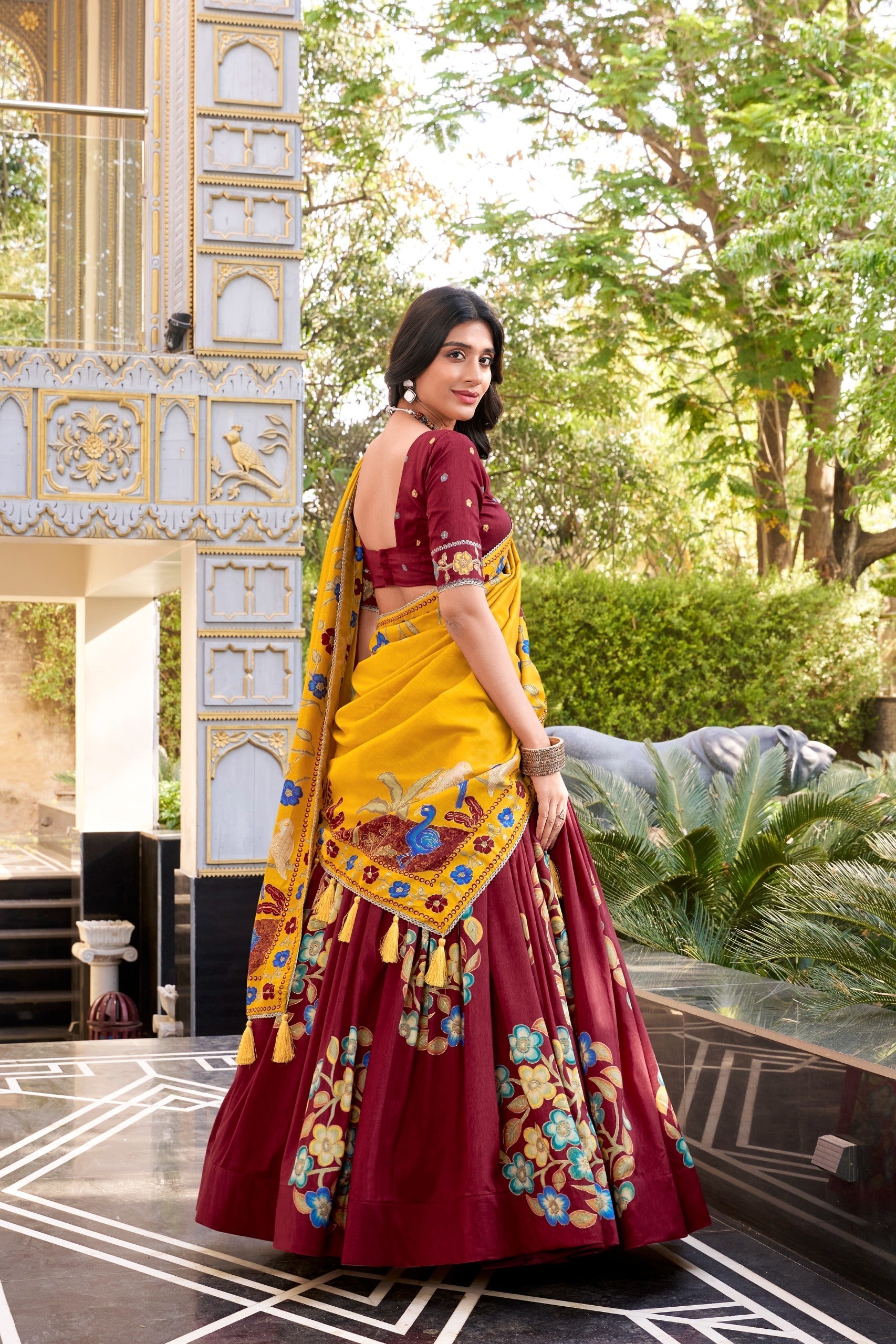 Maroon Elegant Tussar Silk Printed Lehenga Set with Foil Work & Gotta Patti Dupatta