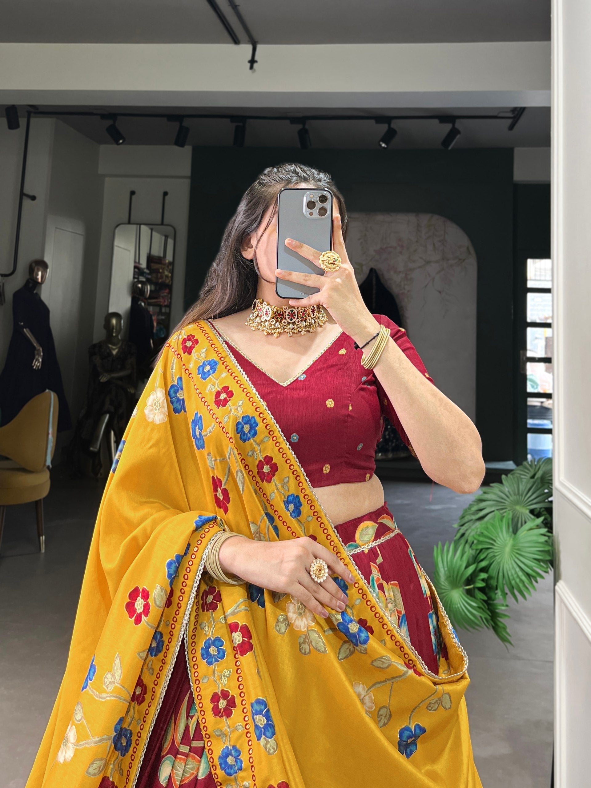 Maroon Elegant Tussar Silk Printed Lehenga Set with Foil Work & Gotta Patti Dupatta