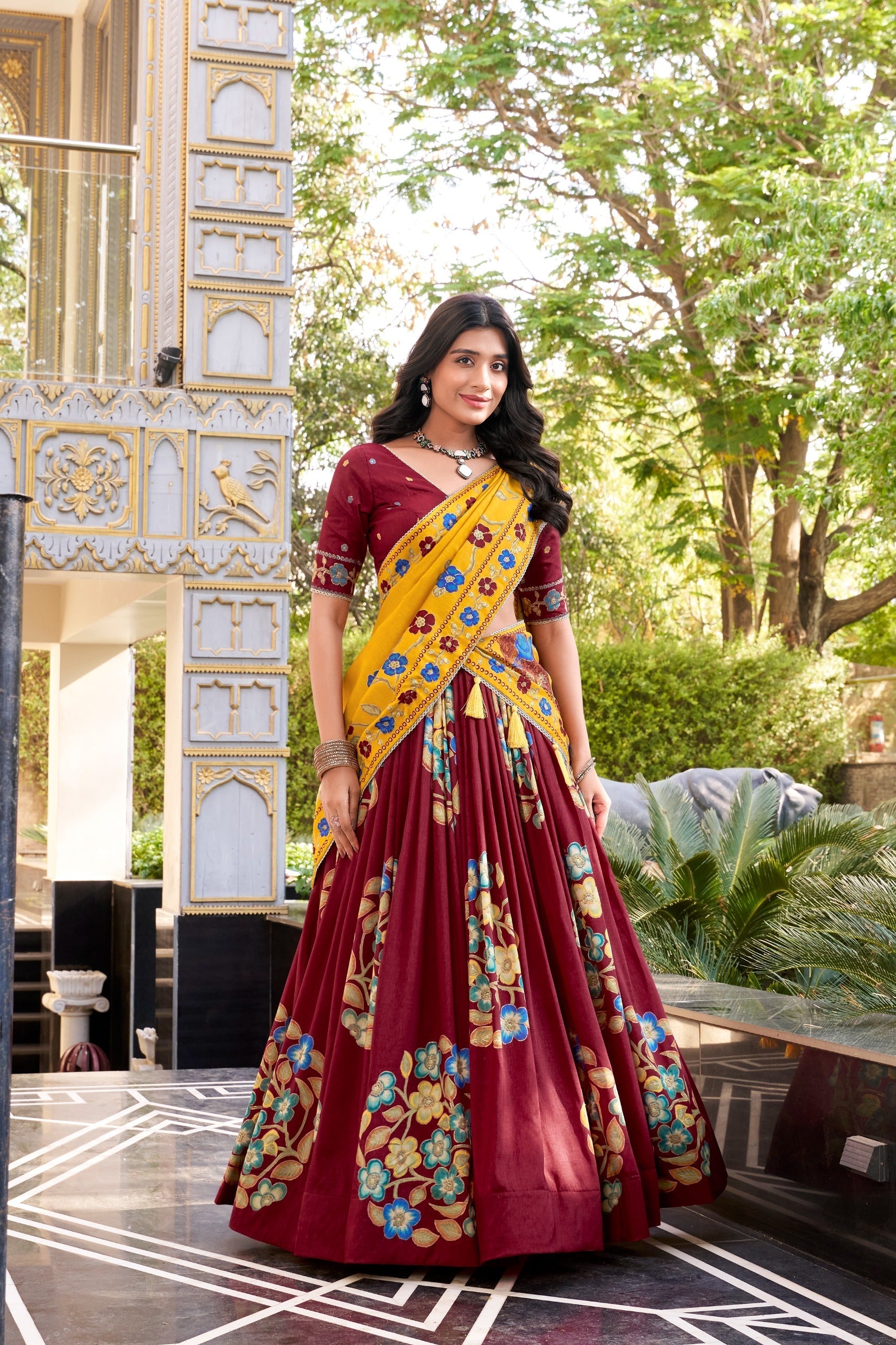 Maroon Elegant Tussar Silk Printed Lehenga Set with Foil Work & Gotta Patti Dupatta