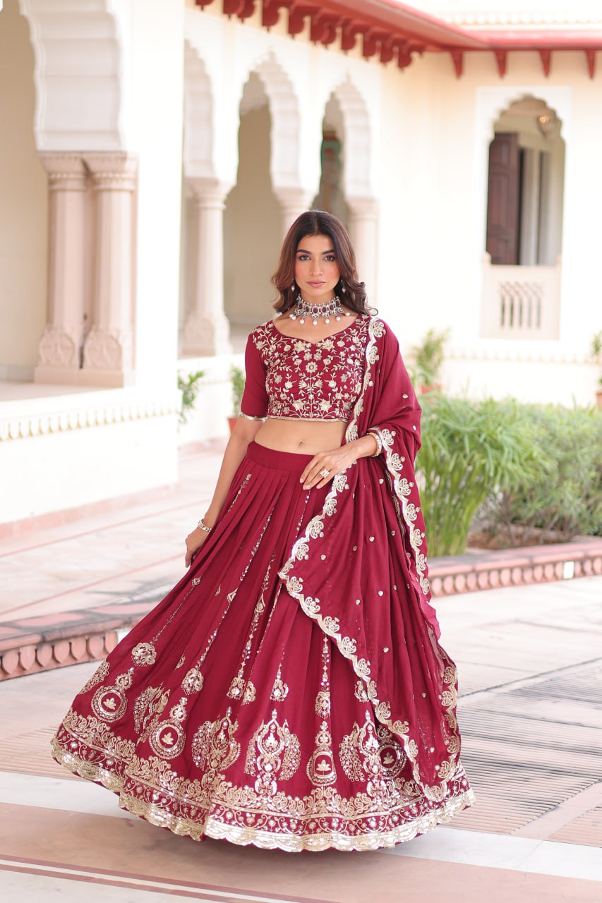 Maroon Elegant Vichitra Silk Full-Stitched Lehenga Choli Set with Heavy Sequins & Thread Embroidery, Unstitched Blouse & Designer Embroidered Dupatta