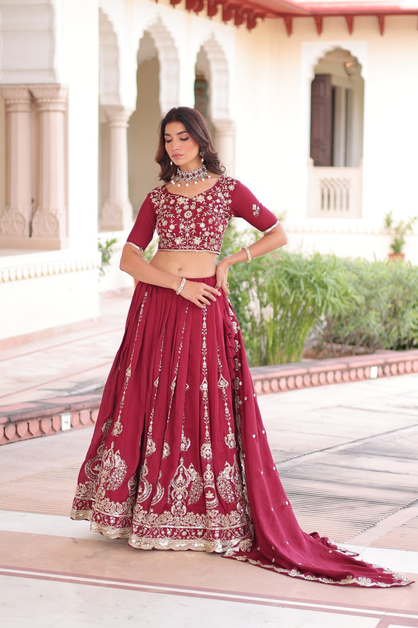 Maroon Elegant Vichitra Silk Full-Stitched Lehenga Choli Set with Heavy Sequins & Thread Embroidery, Unstitched Blouse & Designer Embroidered Dupatta