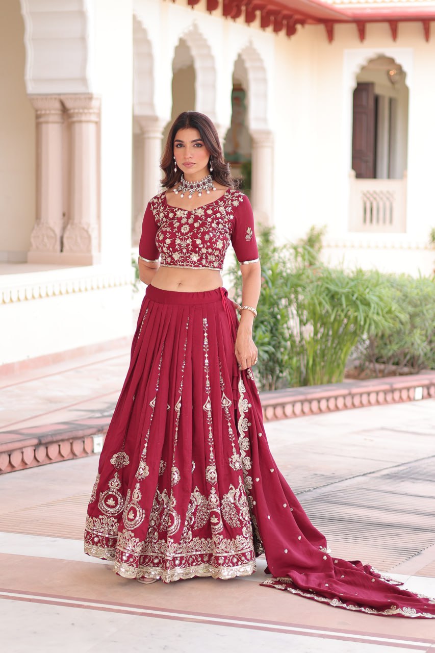 Maroon Elegant Vichitra Silk Full-Stitched Lehenga Choli Set with Heavy Sequins & Thread Embroidery, Unstitched Blouse & Designer Embroidered Dupatta