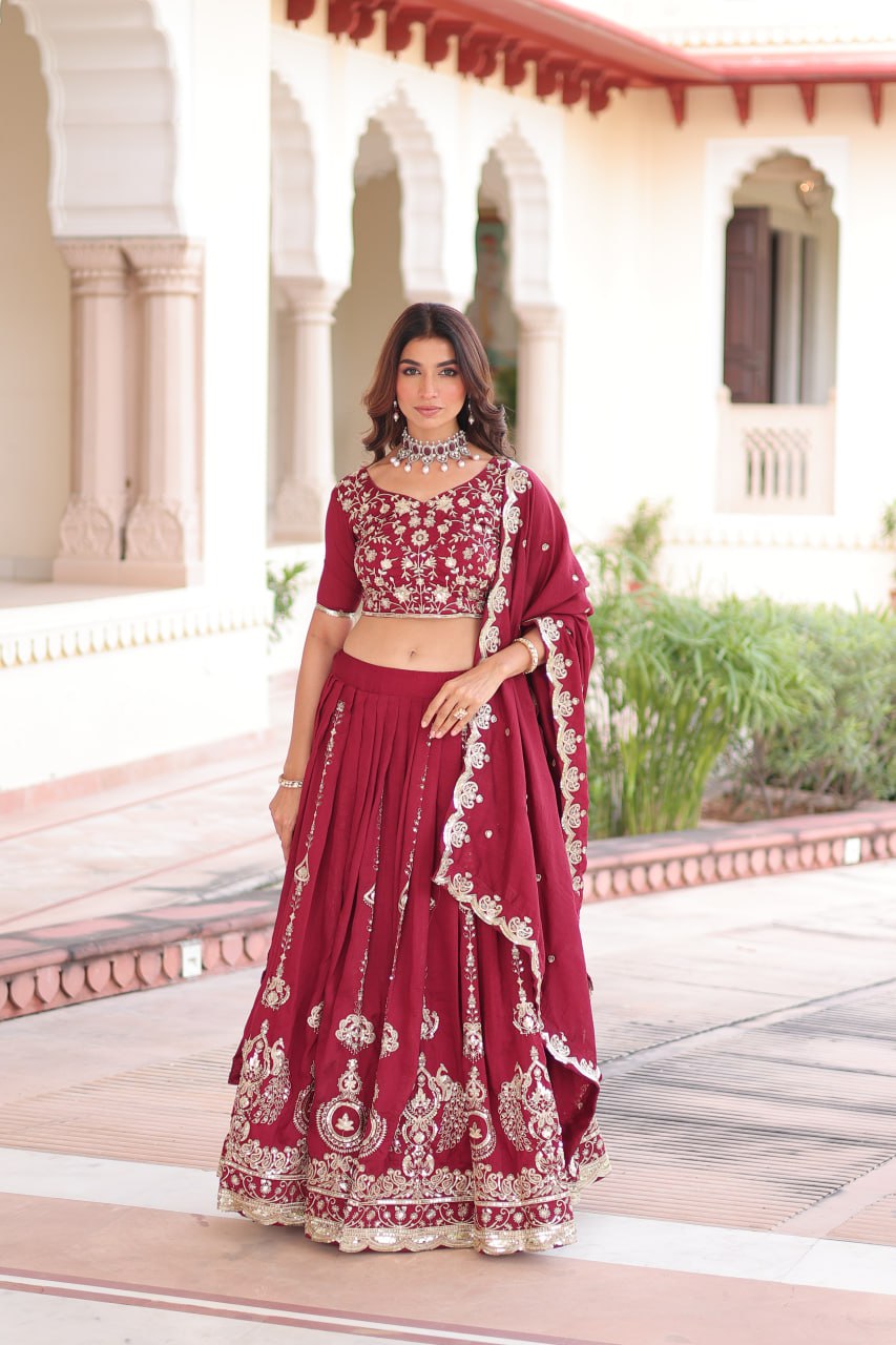 Maroon Elegant Vichitra Silk Full-Stitched Lehenga Choli Set with Heavy Sequins & Thread Embroidery, Unstitched Blouse & Designer Embroidered Dupatta