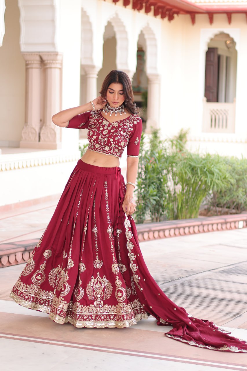 Maroon Elegant Vichitra Silk Full-Stitched Lehenga Choli Set with Heavy Sequins & Thread Embroidery, Unstitched Blouse & Designer Embroidered Dupatta