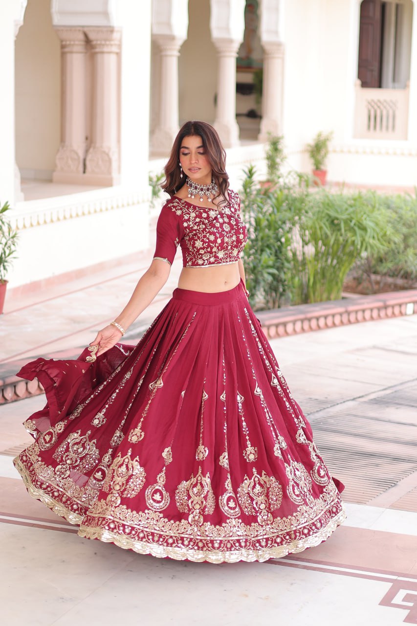 Maroon Elegant Vichitra Silk Full-Stitched Lehenga Choli Set with Heavy Sequins & Thread Embroidery, Unstitched Blouse & Designer Embroidered Dupatta