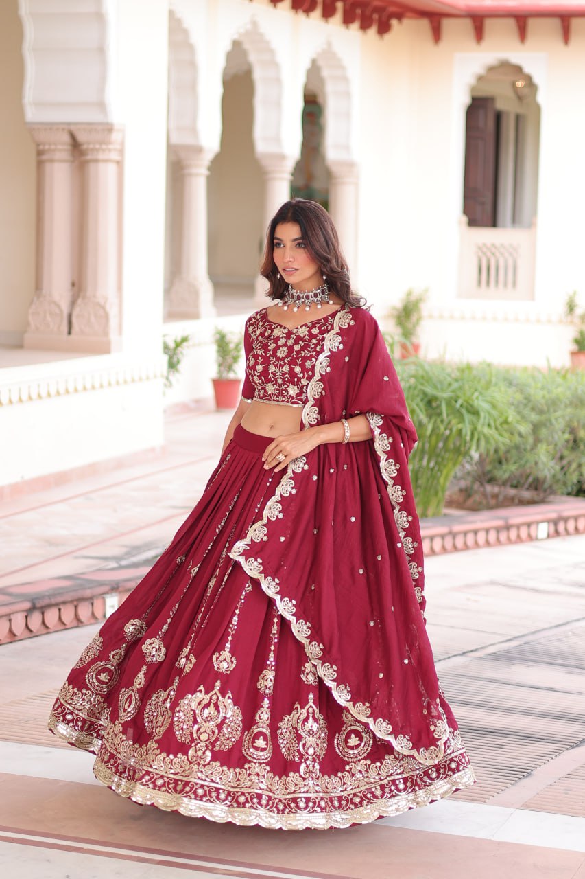 Maroon Elegant Vichitra Silk Full-Stitched Lehenga Choli Set with Heavy Sequins & Thread Embroidery, Unstitched Blouse & Designer Embroidered Dupatta