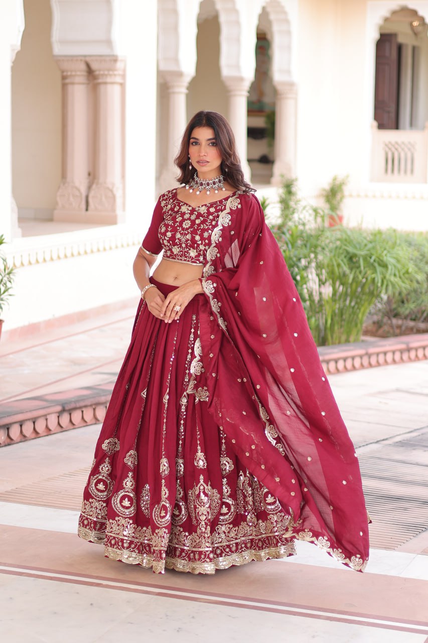 Maroon Elegant Vichitra Silk Full-Stitched Lehenga Choli Set with Heavy Sequins & Thread Embroidery, Unstitched Blouse & Designer Embroidered Dupatta