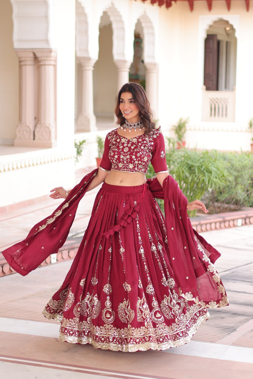Maroon Elegant Vichitra Silk Full-Stitched Lehenga Choli Set with Heavy Sequins & Thread Embroidery, Unstitched Blouse & Designer Embroidered Dupatta