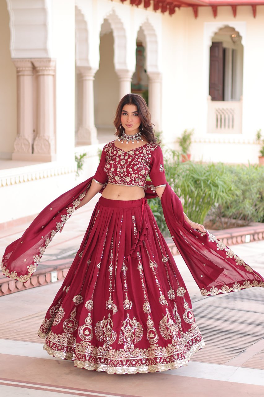 Maroon Elegant Vichitra Silk Full-Stitched Lehenga Choli Set with Heavy Sequins & Thread Embroidery, Unstitched Blouse & Designer Embroidered Dupatta
