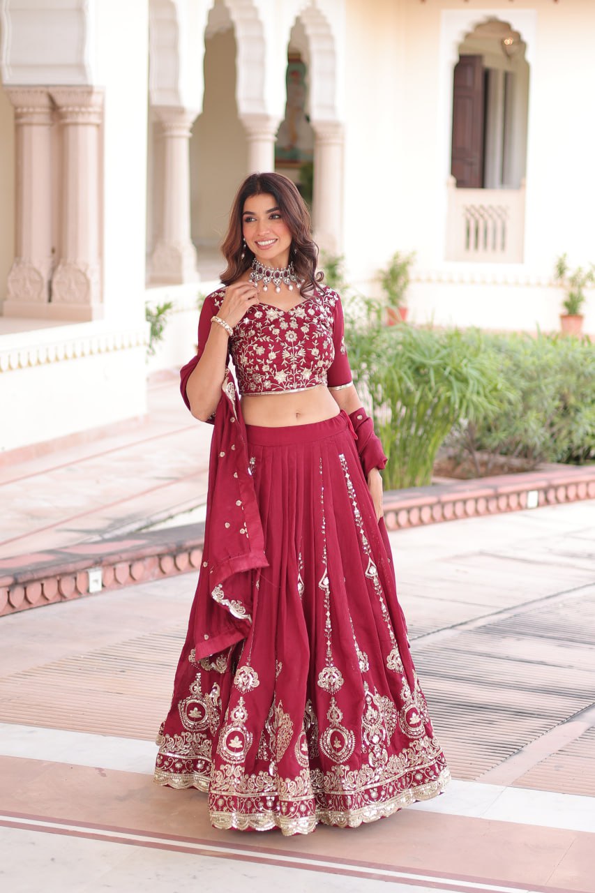Maroon Elegant Vichitra Silk Full-Stitched Lehenga Choli Set with Heavy Sequins & Thread Embroidery, Unstitched Blouse & Designer Embroidered Dupatta