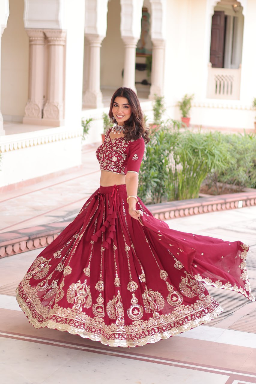 Maroon Elegant Vichitra Silk Full-Stitched Lehenga Choli Set with Heavy Sequins & Thread Embroidery, Unstitched Blouse & Designer Embroidered Dupatta