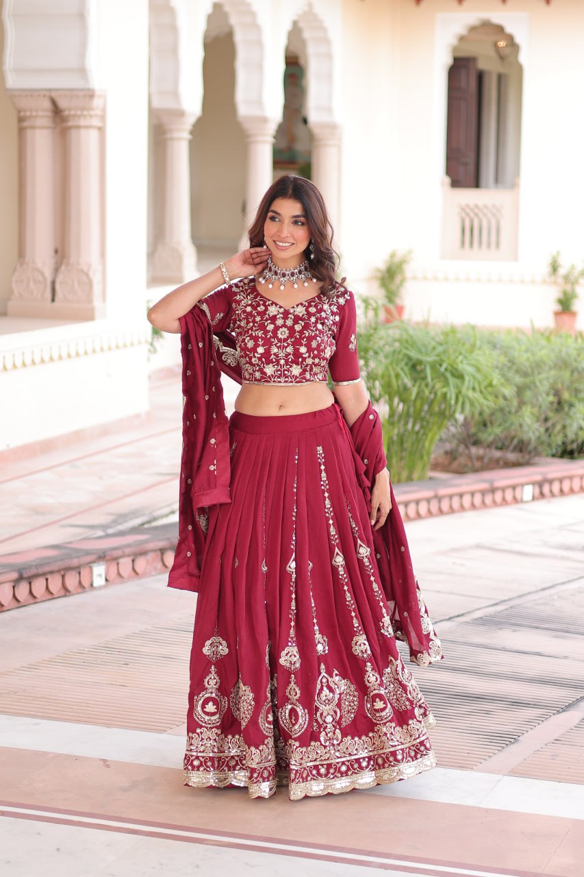 Maroon Elegant Vichitra Silk Full-Stitched Lehenga Choli Set with Heavy Sequins & Thread Embroidery, Unstitched Blouse & Designer Embroidered Dupatta