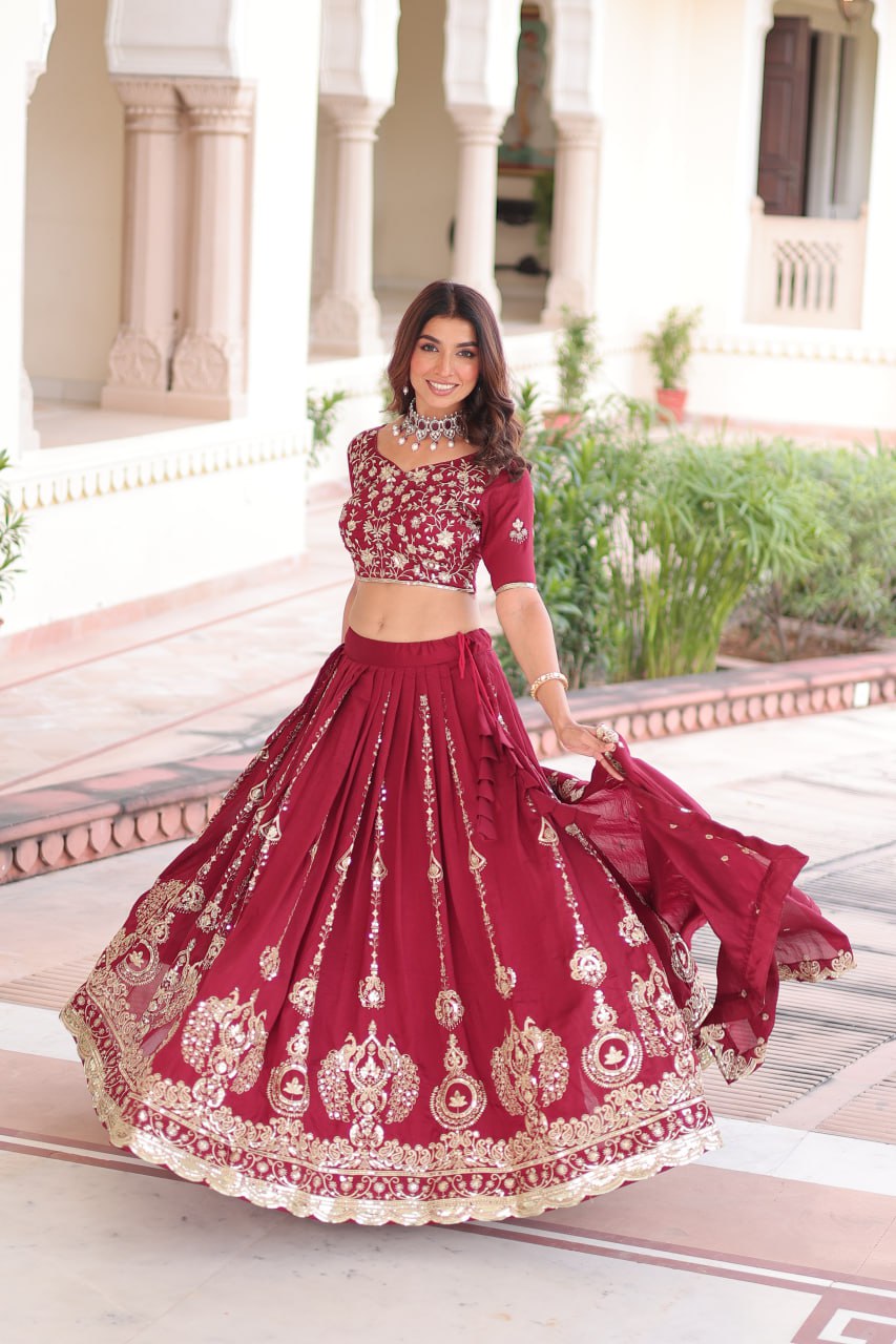 Maroon Elegant Vichitra Silk Full-Stitched Lehenga Choli Set with Heavy Sequins & Thread Embroidery, Unstitched Blouse & Designer Embroidered Dupatta