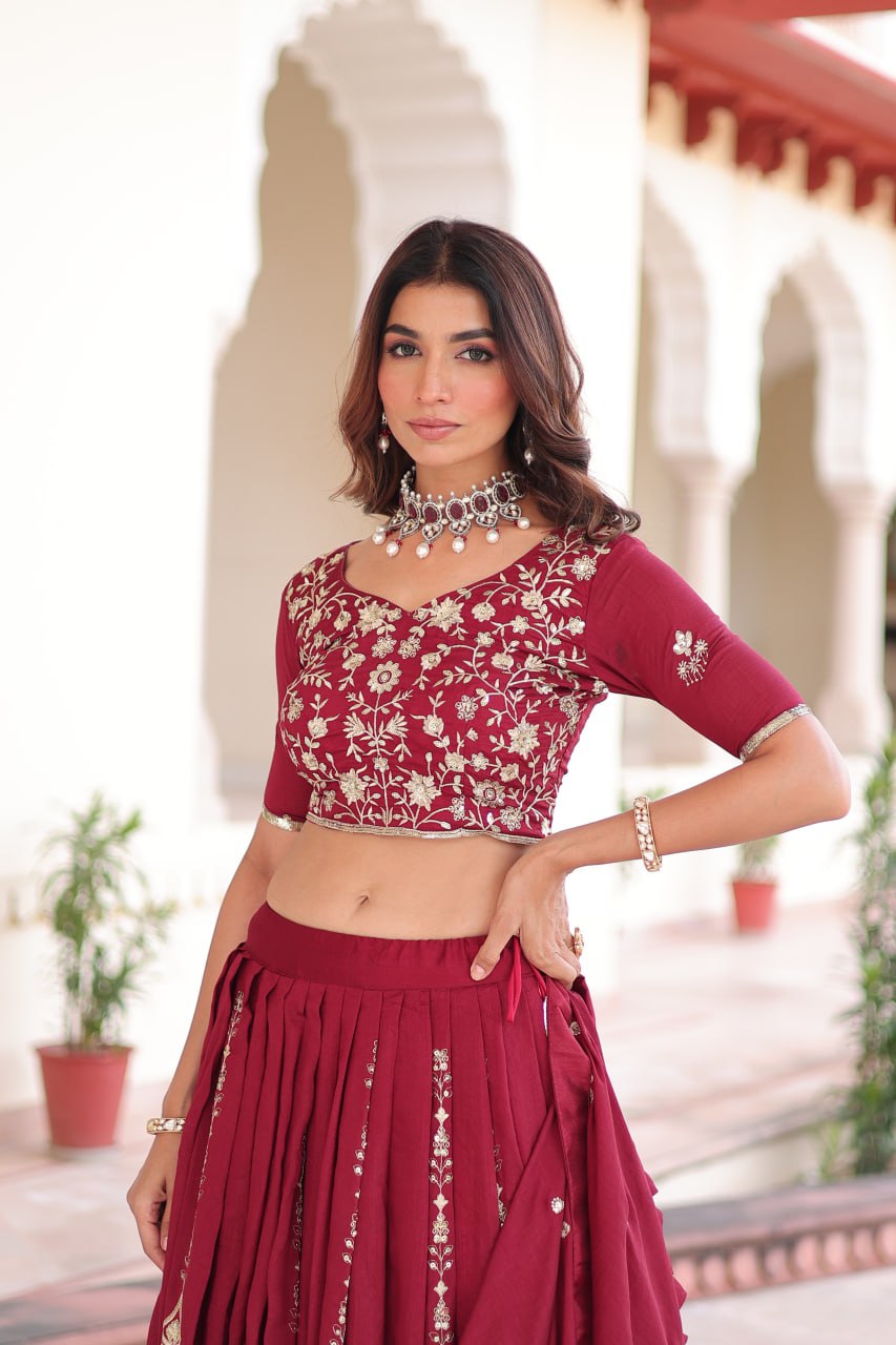 Maroon Elegant Vichitra Silk Full-Stitched Lehenga Choli Set with Heavy Sequins & Thread Embroidery, Unstitched Blouse & Designer Embroidered Dupatta