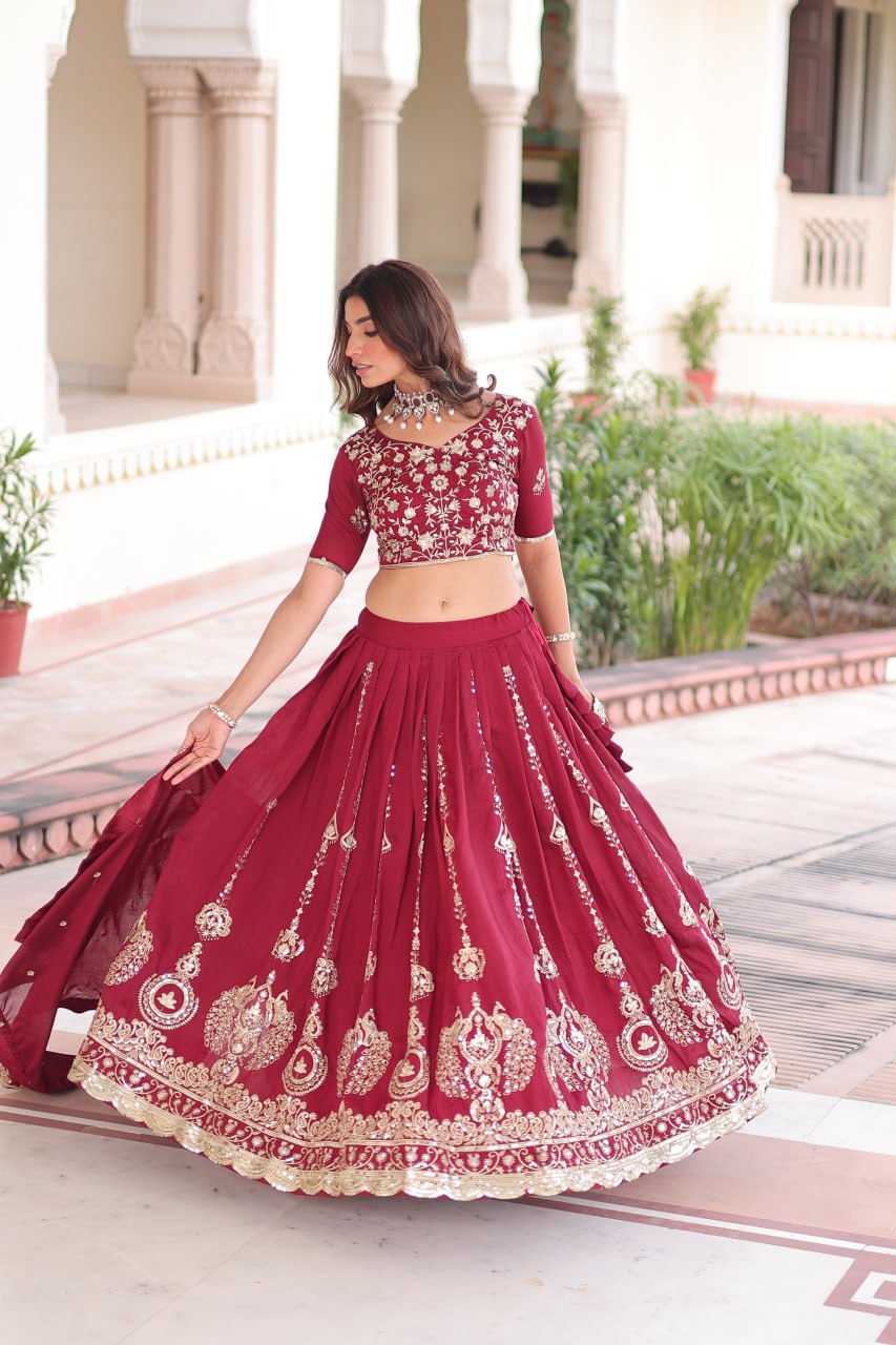Maroon Elegant Vichitra Silk Full-Stitched Lehenga Choli Set with Heavy Sequins & Thread Embroidery, Unstitched Blouse & Designer Embroidered Dupatta