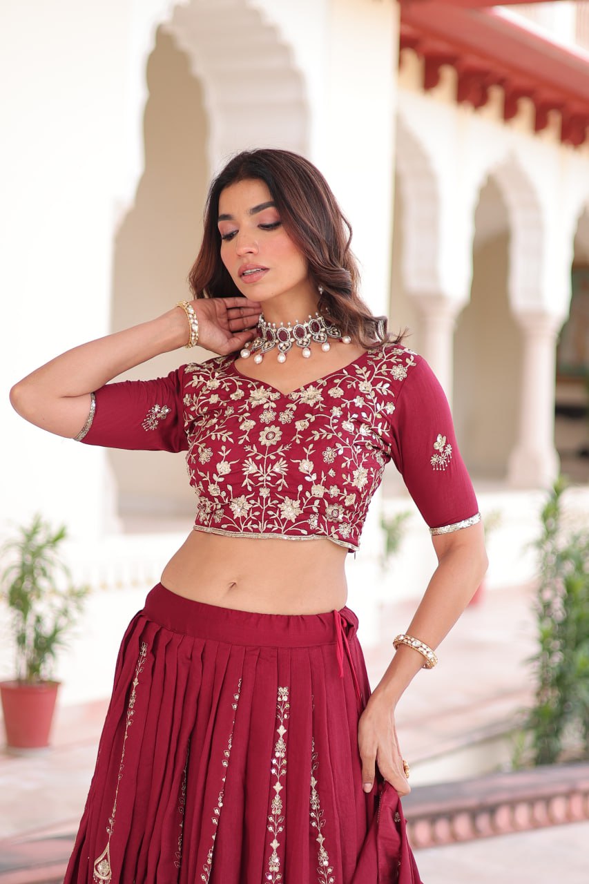 Maroon Elegant Vichitra Silk Full-Stitched Lehenga Choli Set with Heavy Sequins & Thread Embroidery, Unstitched Blouse & Designer Embroidered Dupatta