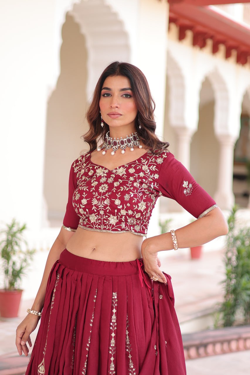 Maroon Elegant Vichitra Silk Full-Stitched Lehenga Choli Set with Heavy Sequins & Thread Embroidery, Unstitched Blouse & Designer Embroidered Dupatta