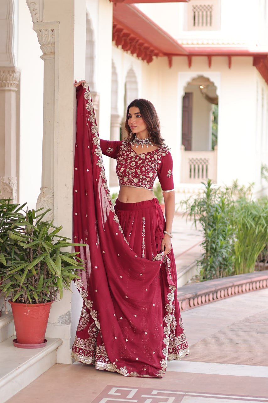 Maroon Elegant Vichitra Silk Full-Stitched Lehenga Choli Set with Heavy Sequins & Thread Embroidery, Unstitched Blouse & Designer Embroidered Dupatta
