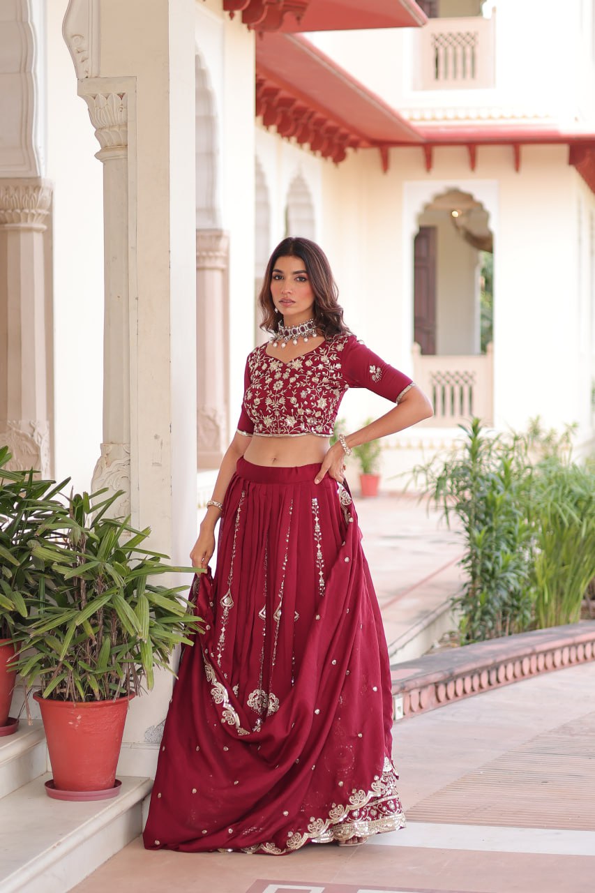 Maroon Elegant Vichitra Silk Full-Stitched Lehenga Choli Set with Heavy Sequins & Thread Embroidery, Unstitched Blouse & Designer Embroidered Dupatta