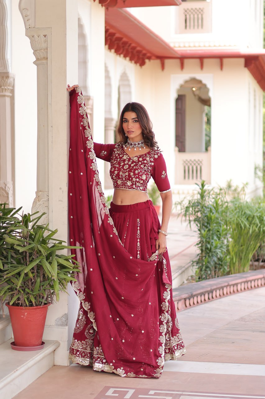Maroon Elegant Vichitra Silk Full-Stitched Lehenga Choli Set with Heavy Sequins & Thread Embroidery, Unstitched Blouse & Designer Embroidered Dupatta