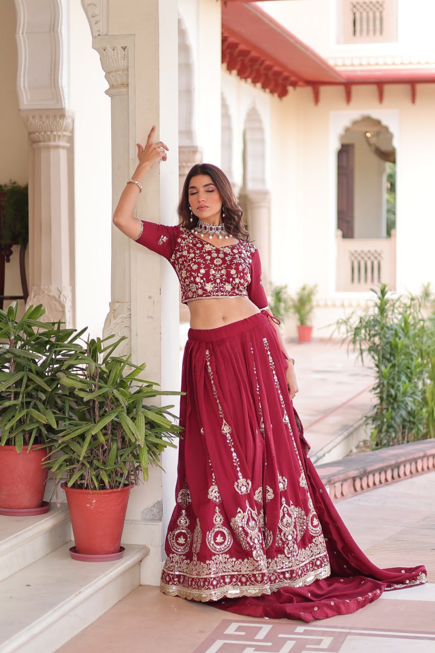 Maroon Elegant Vichitra Silk Full-Stitched Lehenga Choli Set with Heavy Sequins & Thread Embroidery, Unstitched Blouse & Designer Embroidered Dupatta