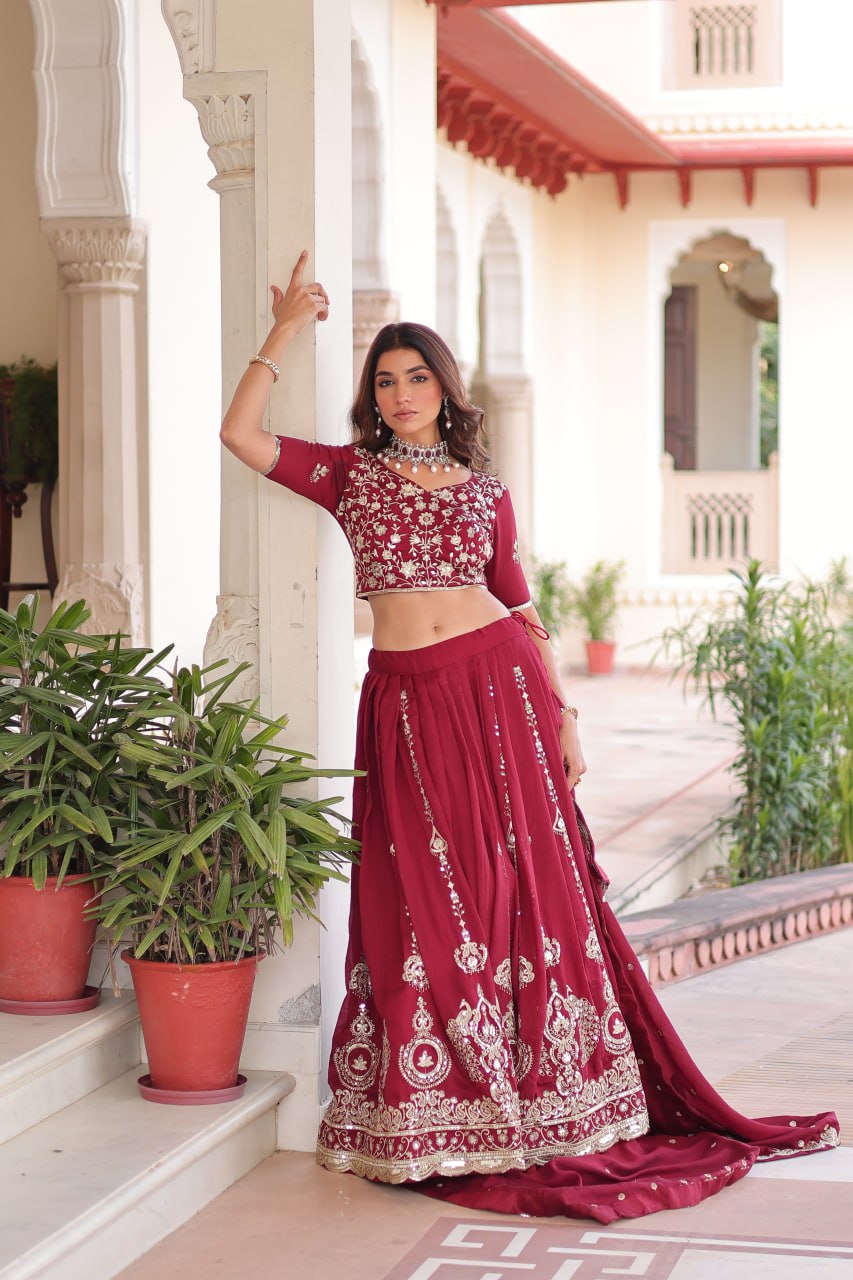 Maroon Elegant Vichitra Silk Full-Stitched Lehenga Choli Set with Heavy Sequins & Thread Embroidery, Unstitched Blouse & Designer Embroidered Dupatta