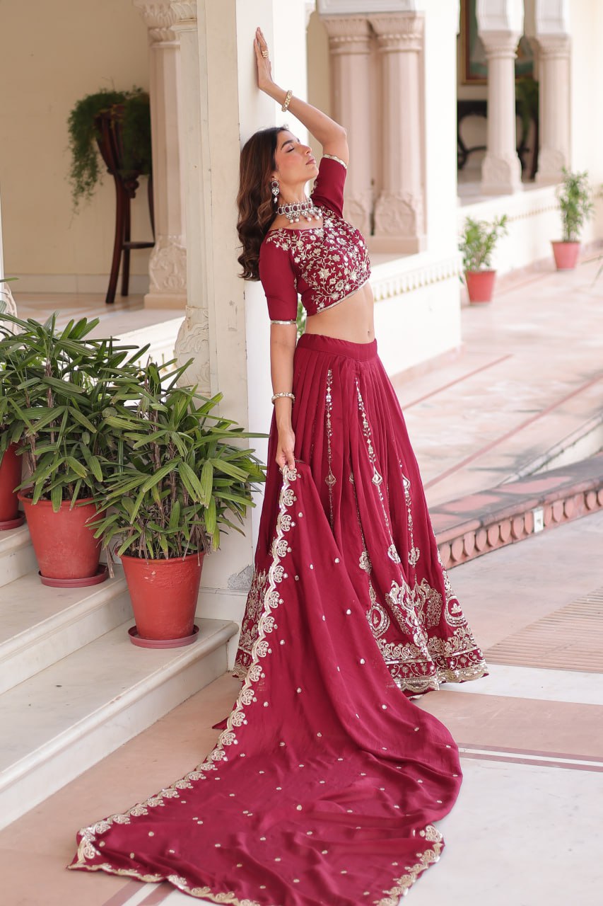 Maroon Elegant Vichitra Silk Full-Stitched Lehenga Choli Set with Heavy Sequins & Thread Embroidery, Unstitched Blouse & Designer Embroidered Dupatta