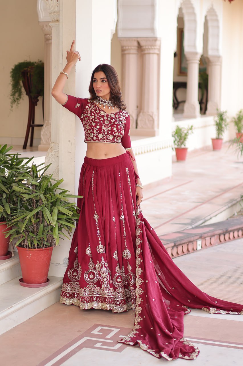 Maroon Elegant Vichitra Silk Full-Stitched Lehenga Choli Set with Heavy Sequins & Thread Embroidery, Unstitched Blouse & Designer Embroidered Dupatta