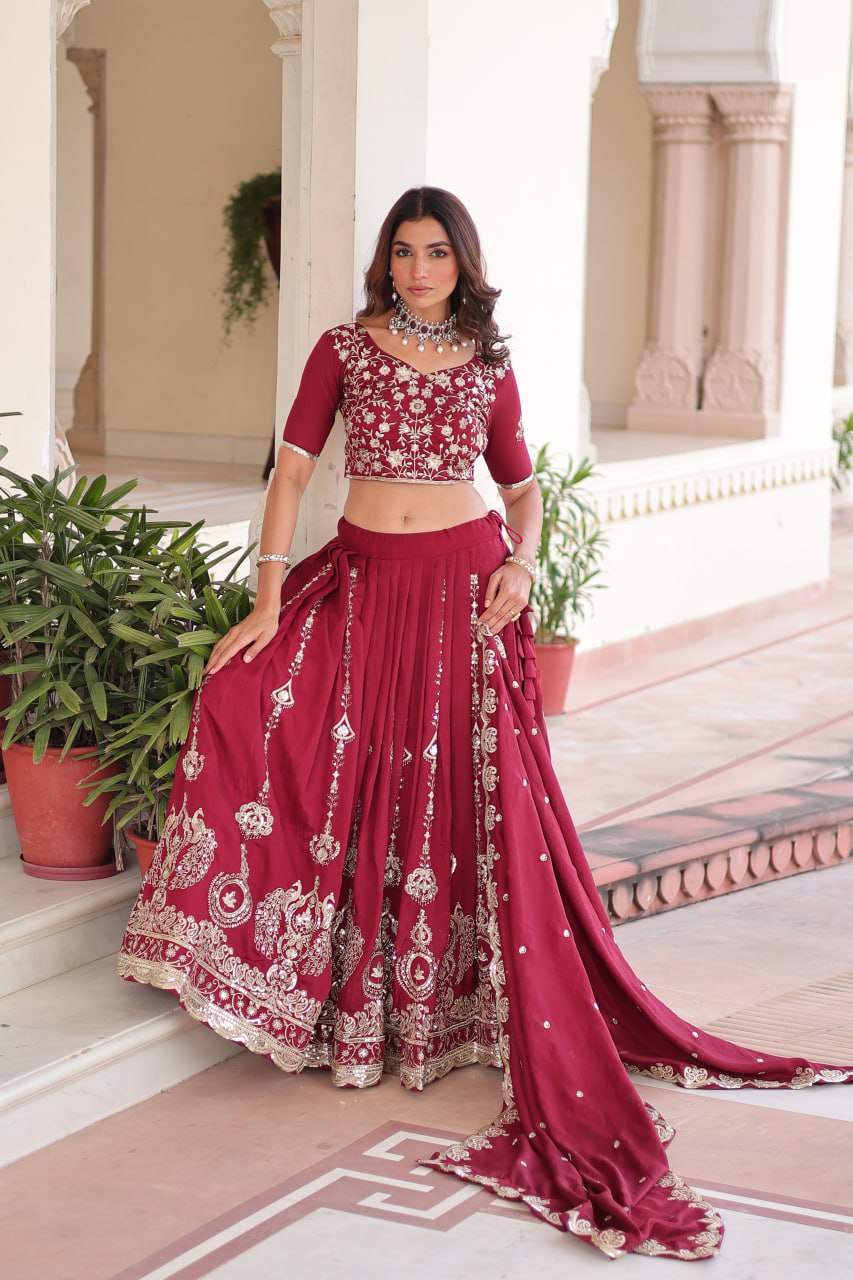 Maroon Elegant Vichitra Silk Full-Stitched Lehenga Choli Set with Heavy Sequins & Thread Embroidery, Unstitched Blouse & Designer Embroidered Dupatta
