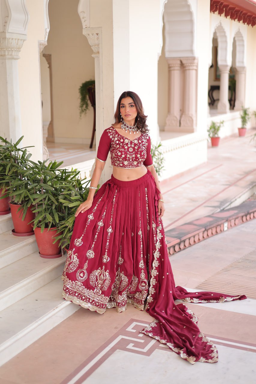 Maroon Elegant Vichitra Silk Full-Stitched Lehenga Choli Set with Heavy Sequins & Thread Embroidery, Unstitched Blouse & Designer Embroidered Dupatta