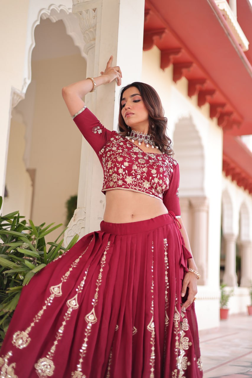 Maroon Elegant Vichitra Silk Full-Stitched Lehenga Choli Set with Heavy Sequins & Thread Embroidery, Unstitched Blouse & Designer Embroidered Dupatta