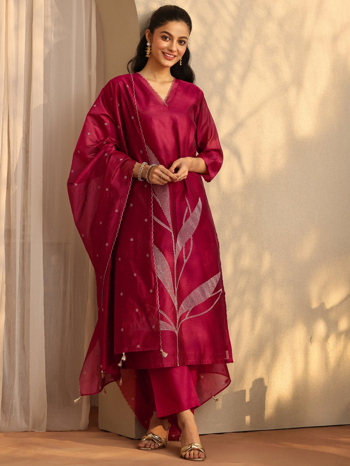 Anouk Maroon Embellished Silk Blend Straight Suit Set With Dupatta